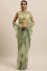 Net Embroidered Saree In Olive Green