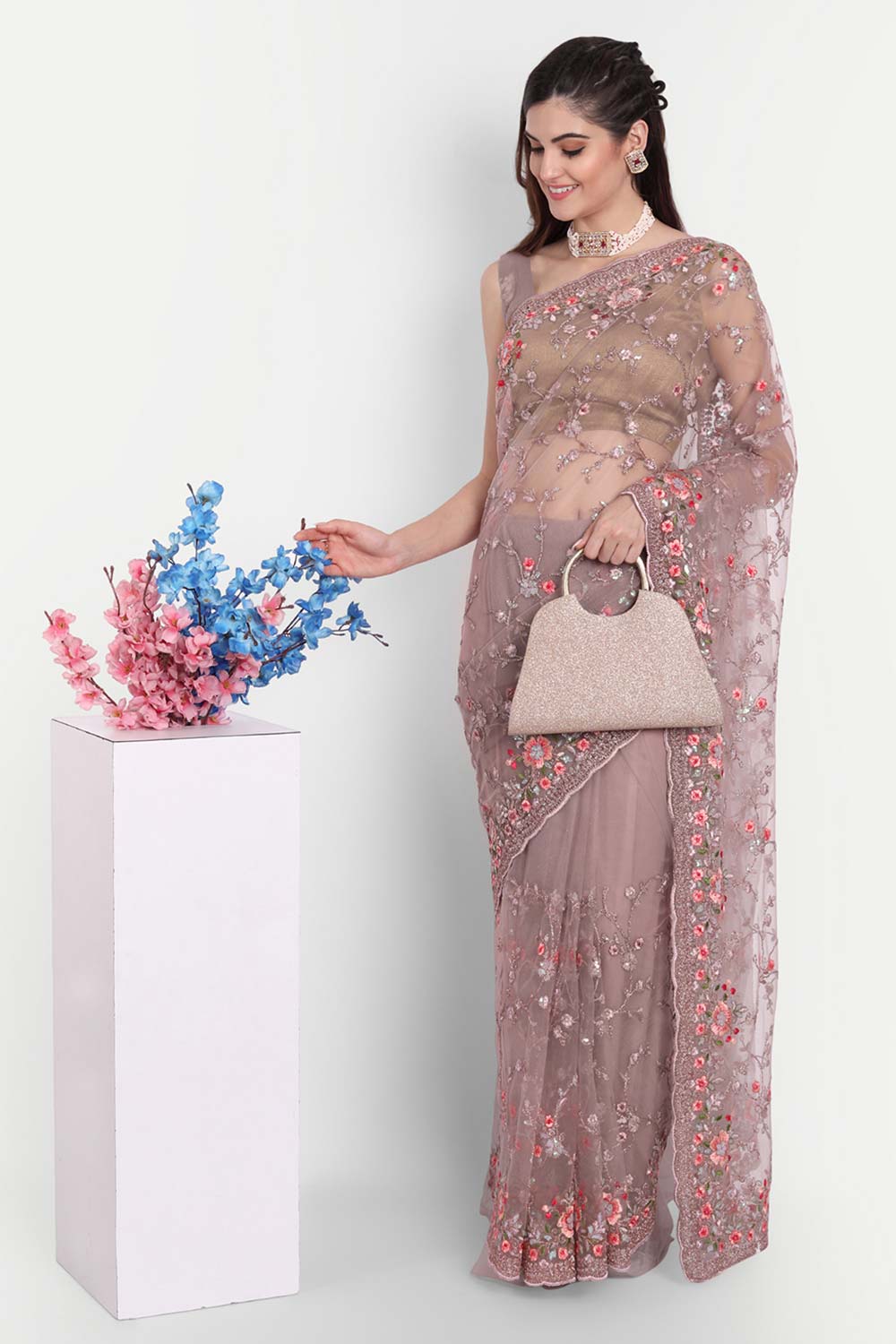 Lavender Net Sequin With Multi Thread Embroidered Saree