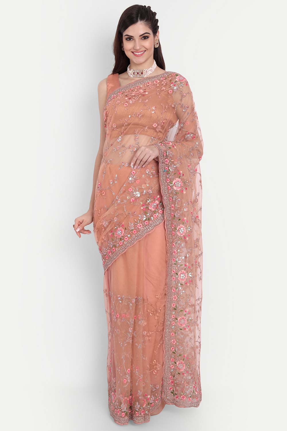 Peach Net Sequin With Multi Thread Embroidered Saree