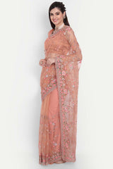 Peach Net Sequin With Multi Thread Embroidered Saree