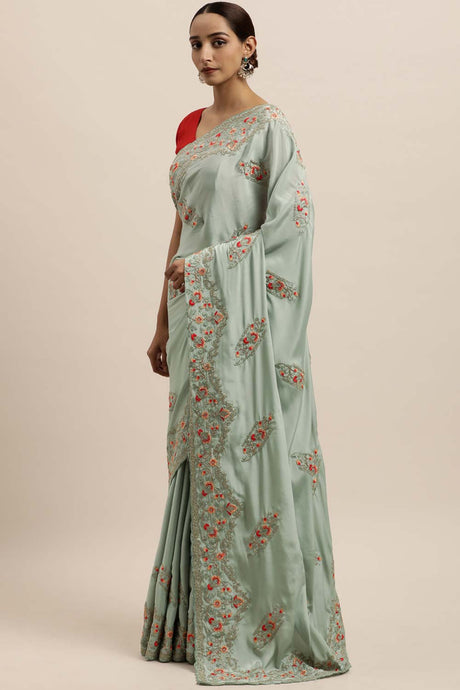 Crepe Embroidered Saree In Sky Blue