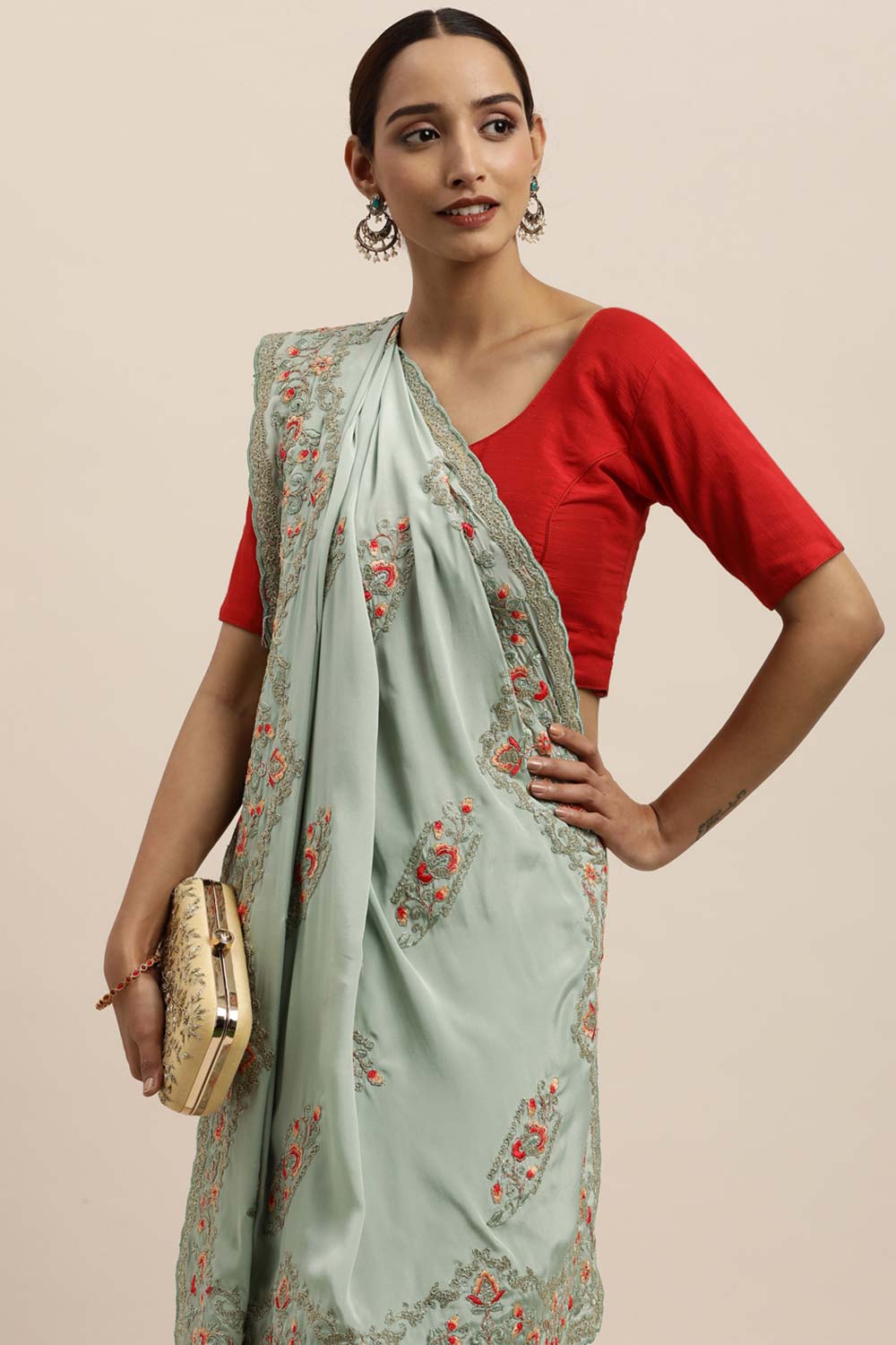 Crepe Embroidered Saree In Sky Blue