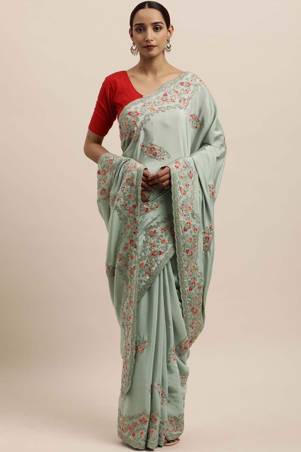 Crepe Embroidered Saree In Sky Blue