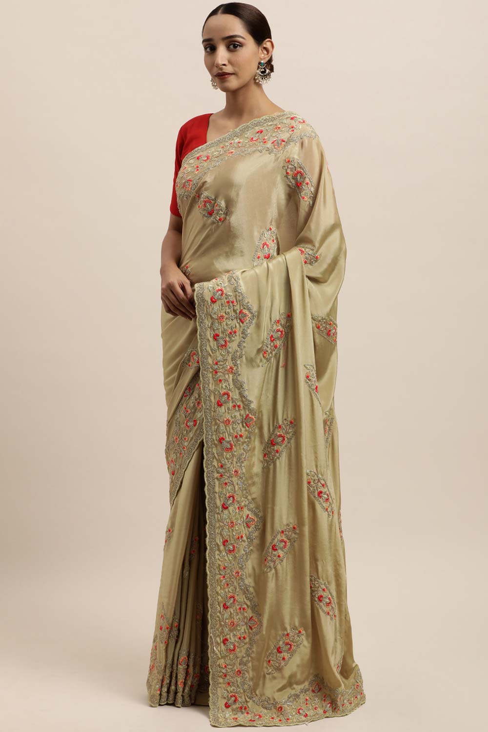 Crepe Embroidered Saree In Golden