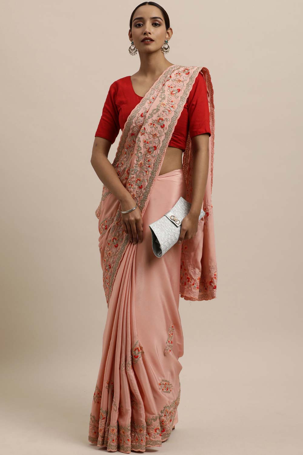 Crepe Embroidered Saree In Peach