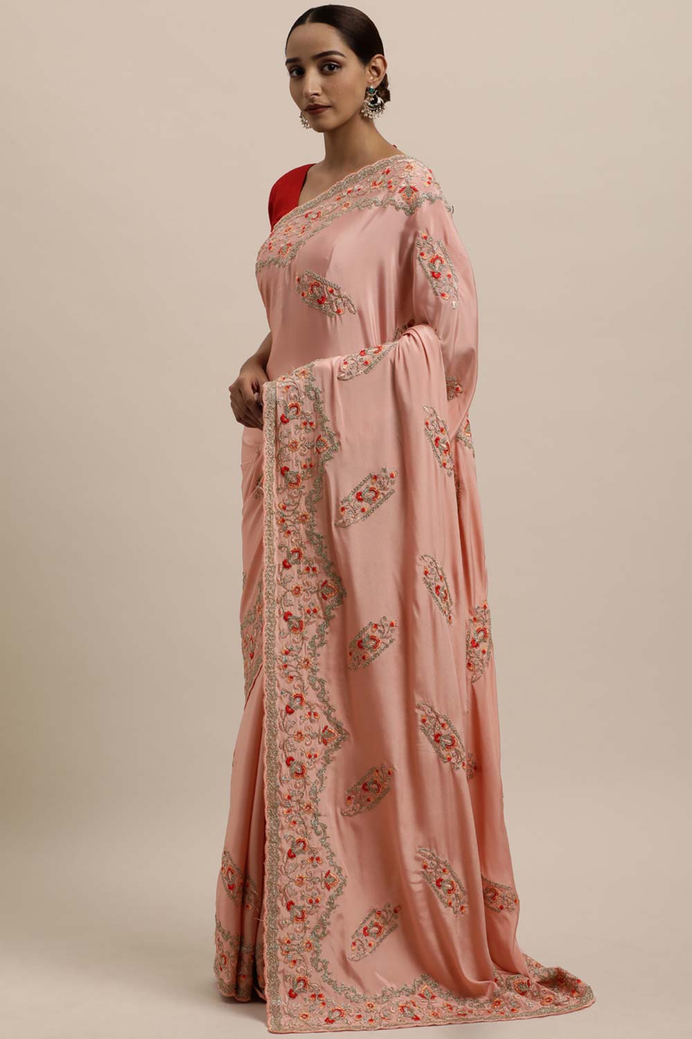 Crepe Embroidered Saree In Peach