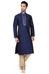 Buy Men's Art Silk Embroidery Kurta Set in Navy Blue