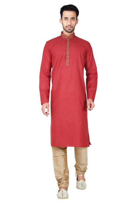 Buy Men's Synthetic Embroidery Kurta Set in Red