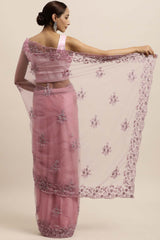 Net Embroidered Saree In Light Purple