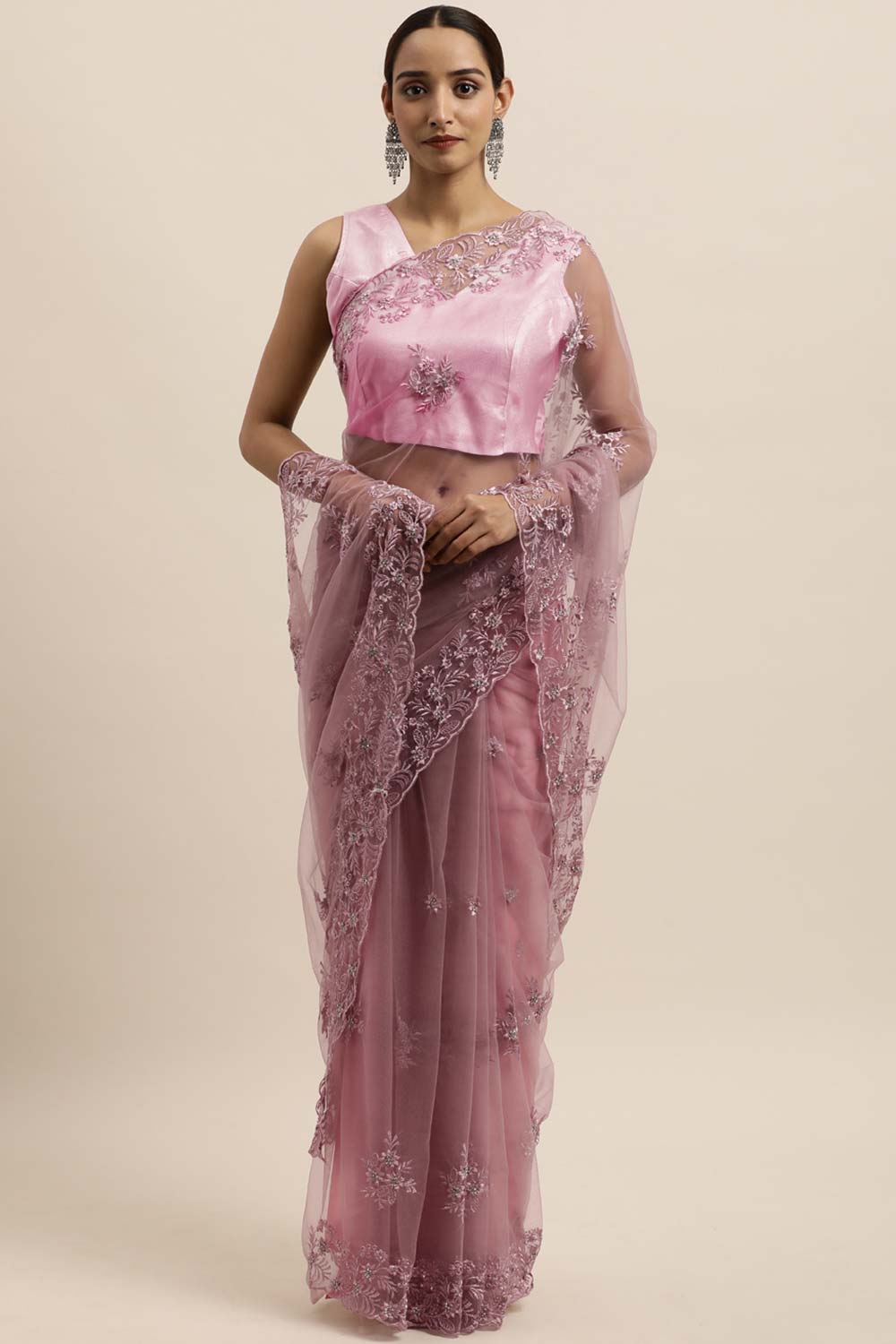 Net Embroidered Saree In Light Purple