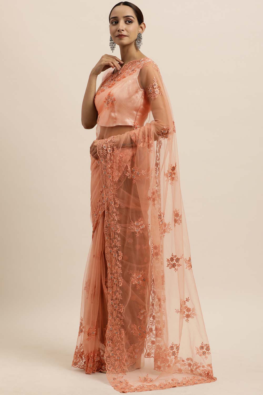 Net Embroidered Saree In Peach