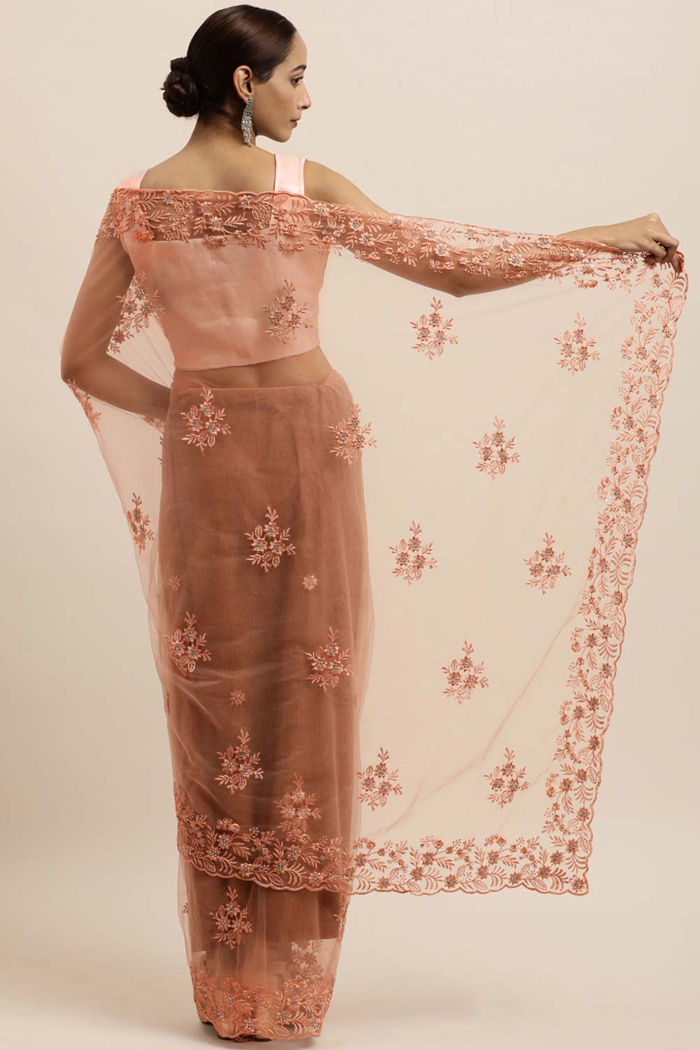 Net Embroidered Saree In Peach