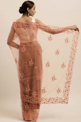 Net Embroidered Saree In Peach