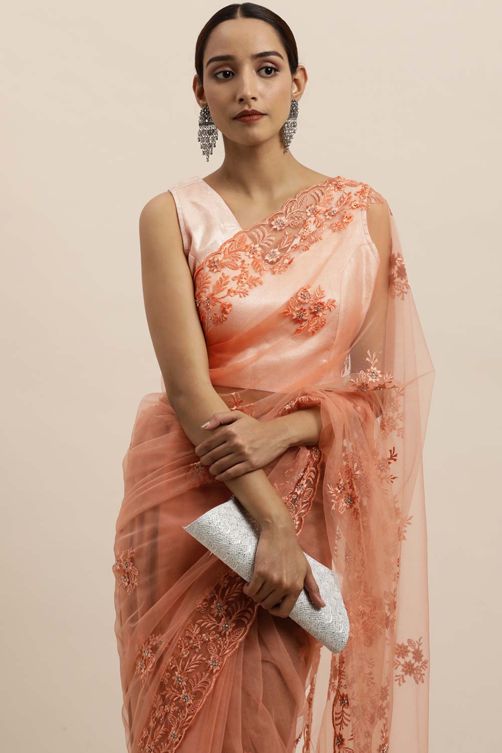 Net Embroidered Saree In Peach