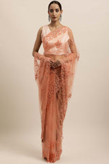 Net Embroidered Saree In Peach