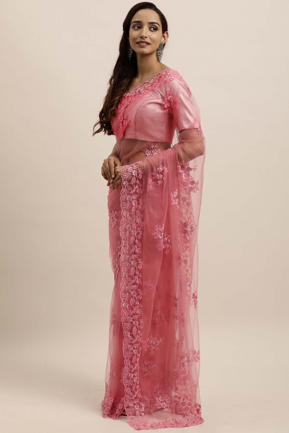 Net Embroidered Saree In Pink