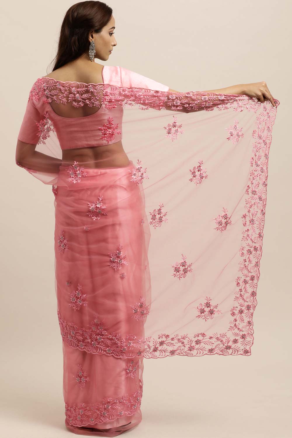 Net Embroidered Saree In Pink