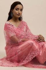 Net Embroidered Saree In Pink