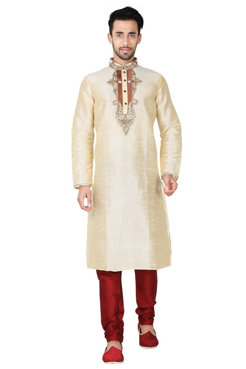 Buy Men's Art Silk Embroidery Kurta Set in Gold