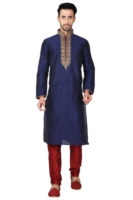 Buy Men's Art Silk Threading Kurta Set in Navy Blue