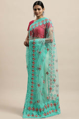 Net Embroidered Saree In Sky Blue