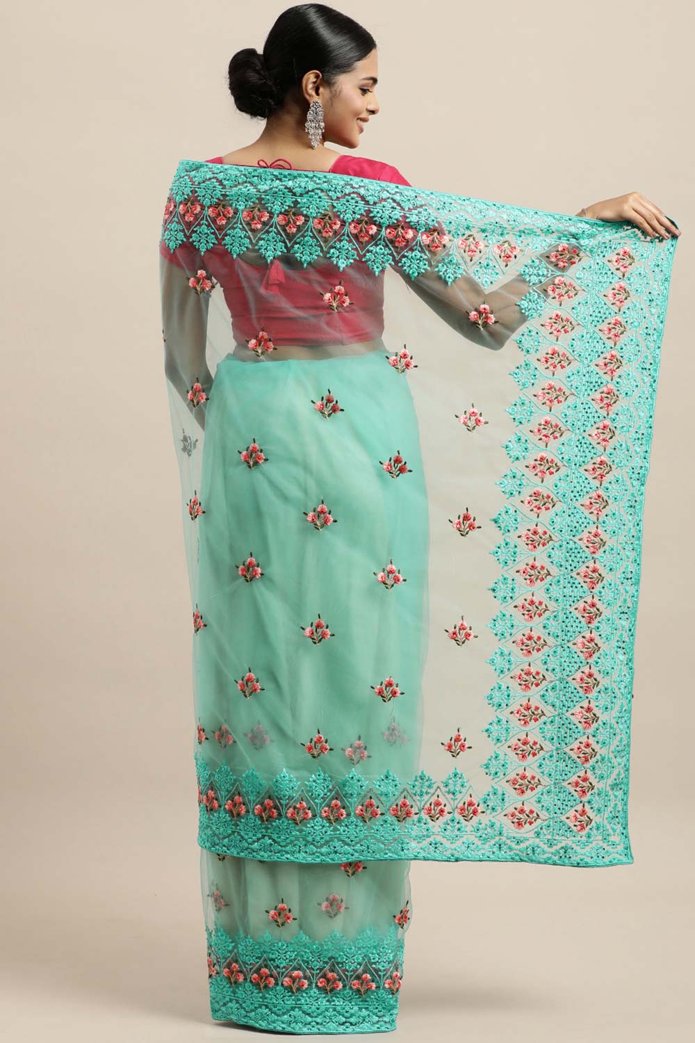 Net Embroidered Saree In Sky Blue