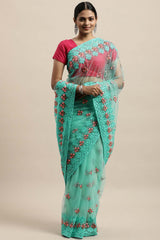 Net Embroidered Saree In Sky Blue