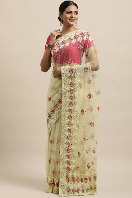 Net Embroidered Saree In Off-White