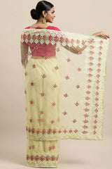 Net Embroidered Saree In Off-White