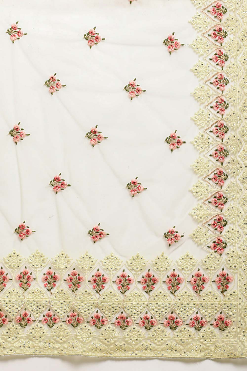 Net Embroidered Saree In Off-White