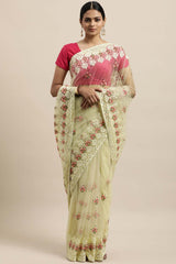 Net Embroidered Saree In Off-White