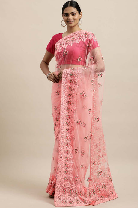 Net Embroidered Saree In Pink