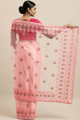 Net Embroidered Saree In Pink