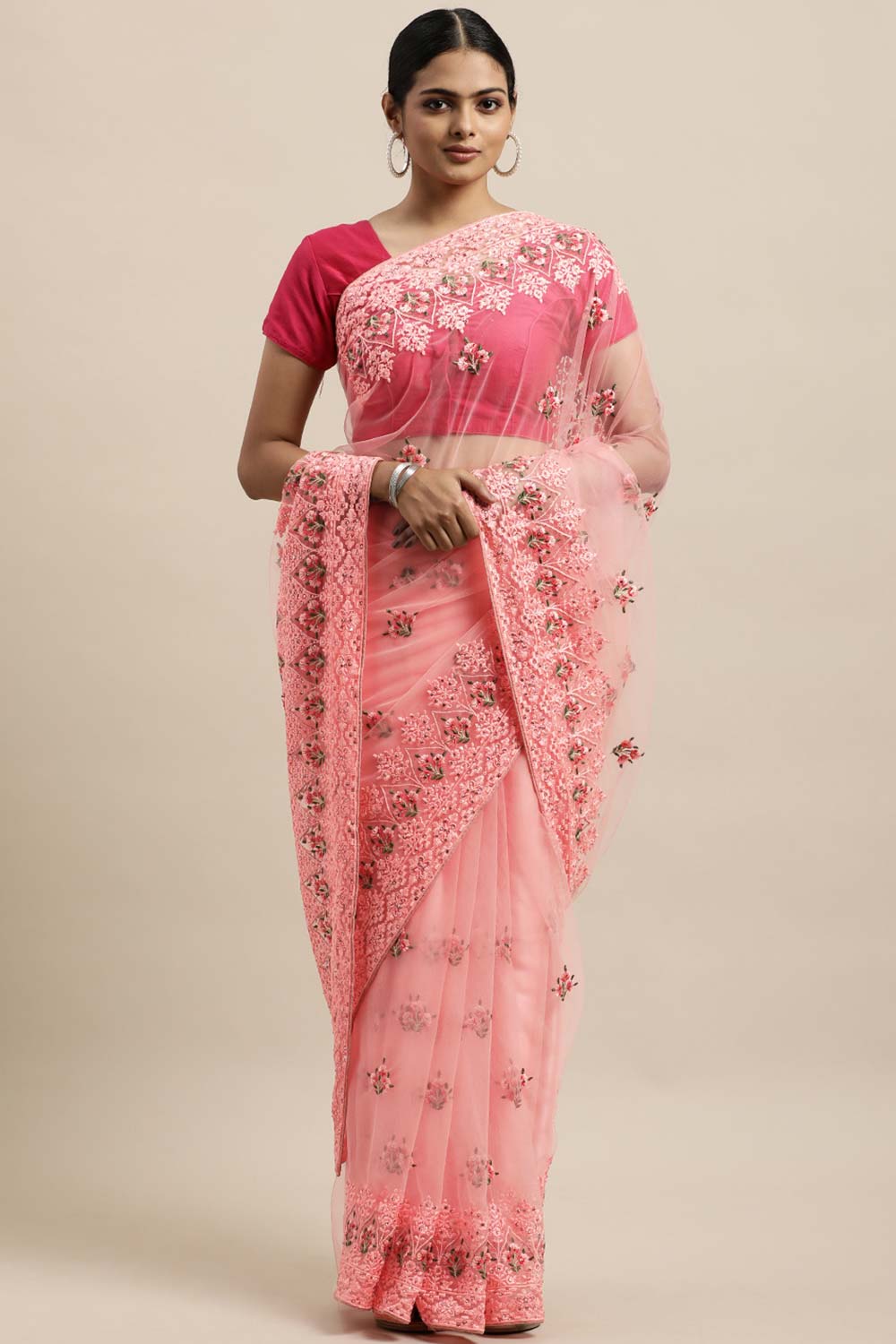 Net Embroidered Saree In Pink