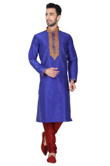 Buy Men's Art Silk Threading Kurta Set in Blue