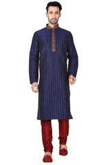 Buy Men's Art Silk Embroidery Kurta Set in Navy Blue