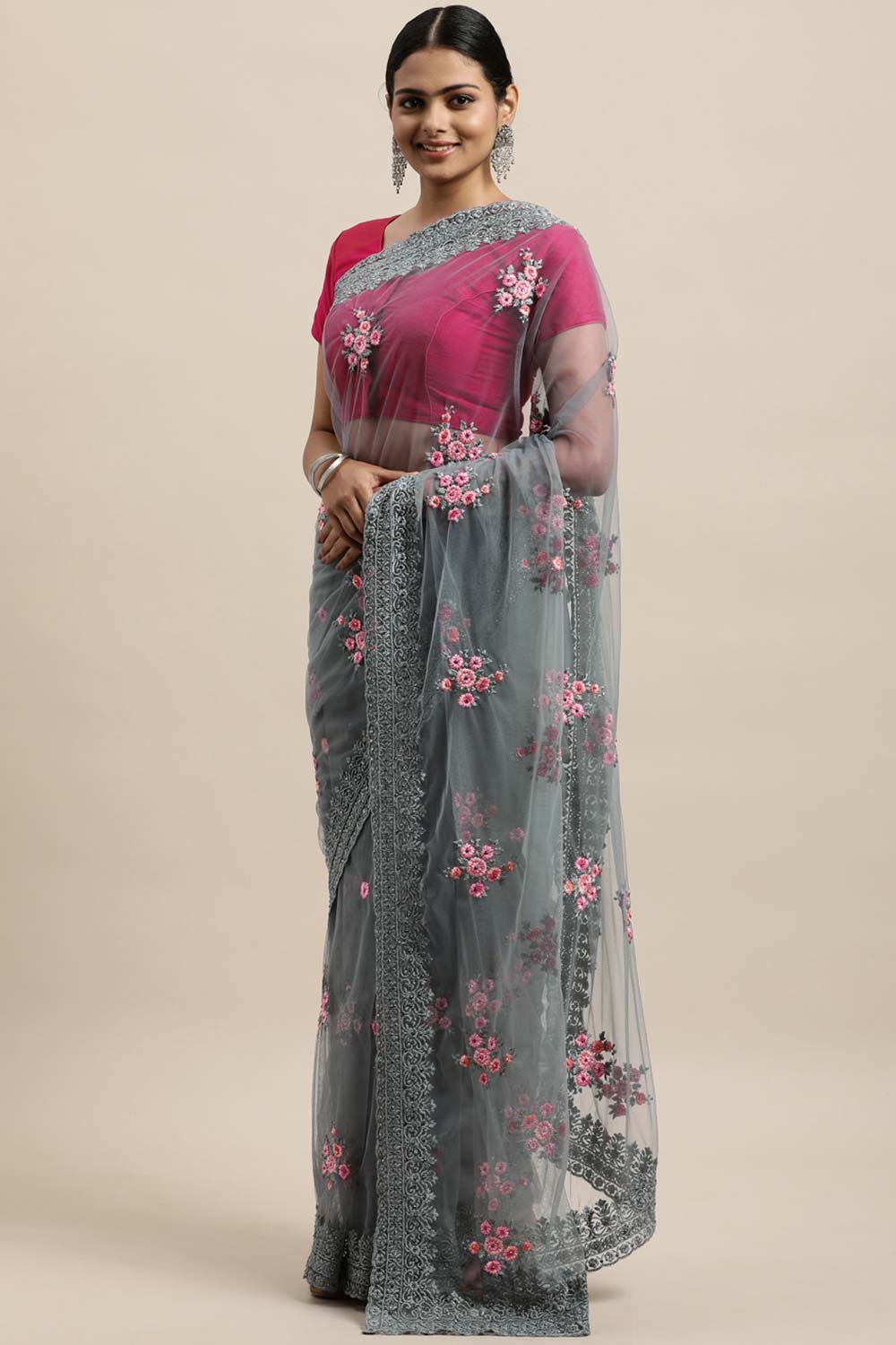 Net Embroidered Saree In Grey