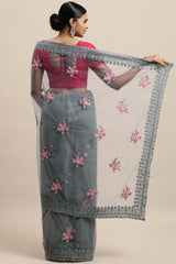 Net Embroidered Saree In Grey