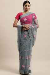 Net Embroidered Saree In Grey