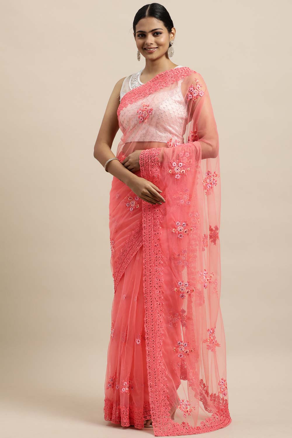 Net Embroidered Saree In Peach