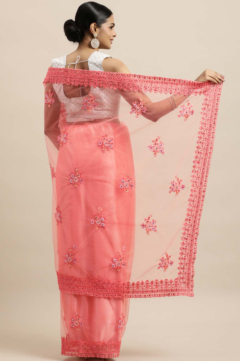 Net Embroidered Saree In Peach