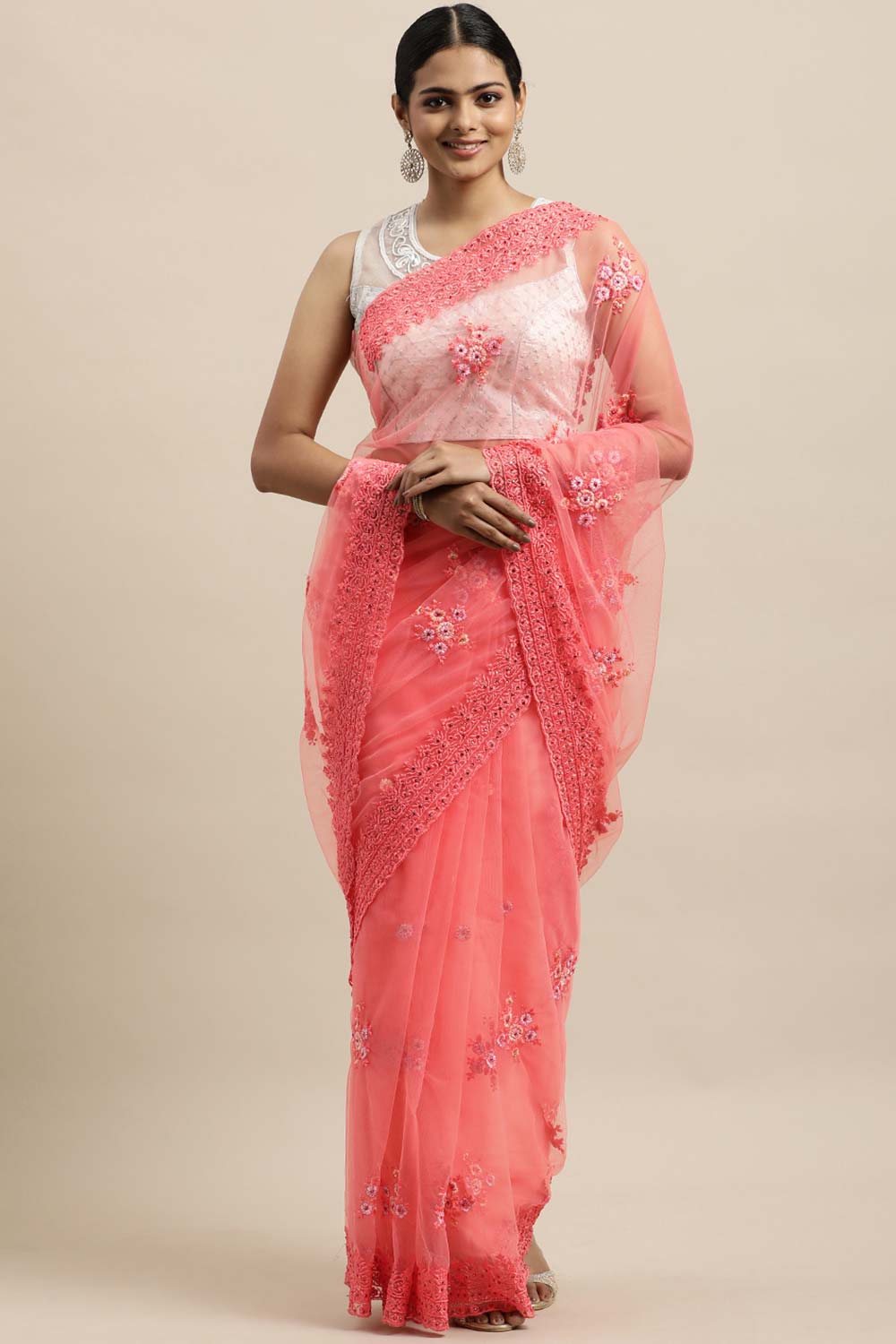 Net Embroidered Saree In Peach