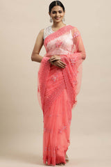 Net Embroidered Saree In Peach