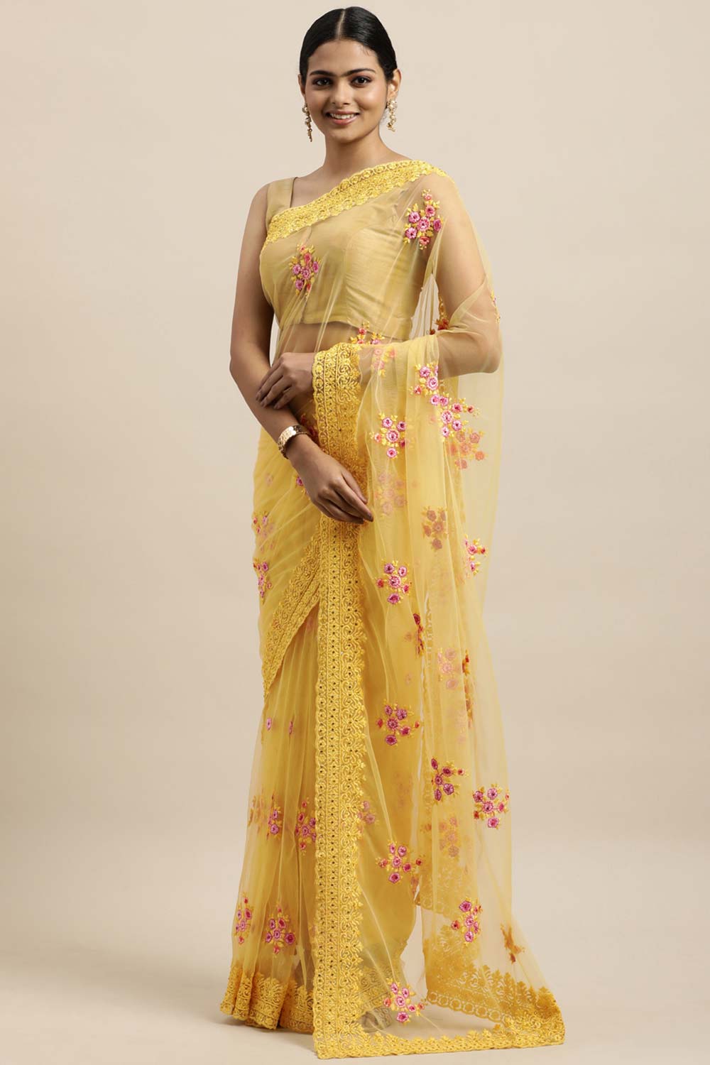 Net Embroidered Saree In Yellow