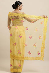 Net Embroidered Saree In Yellow