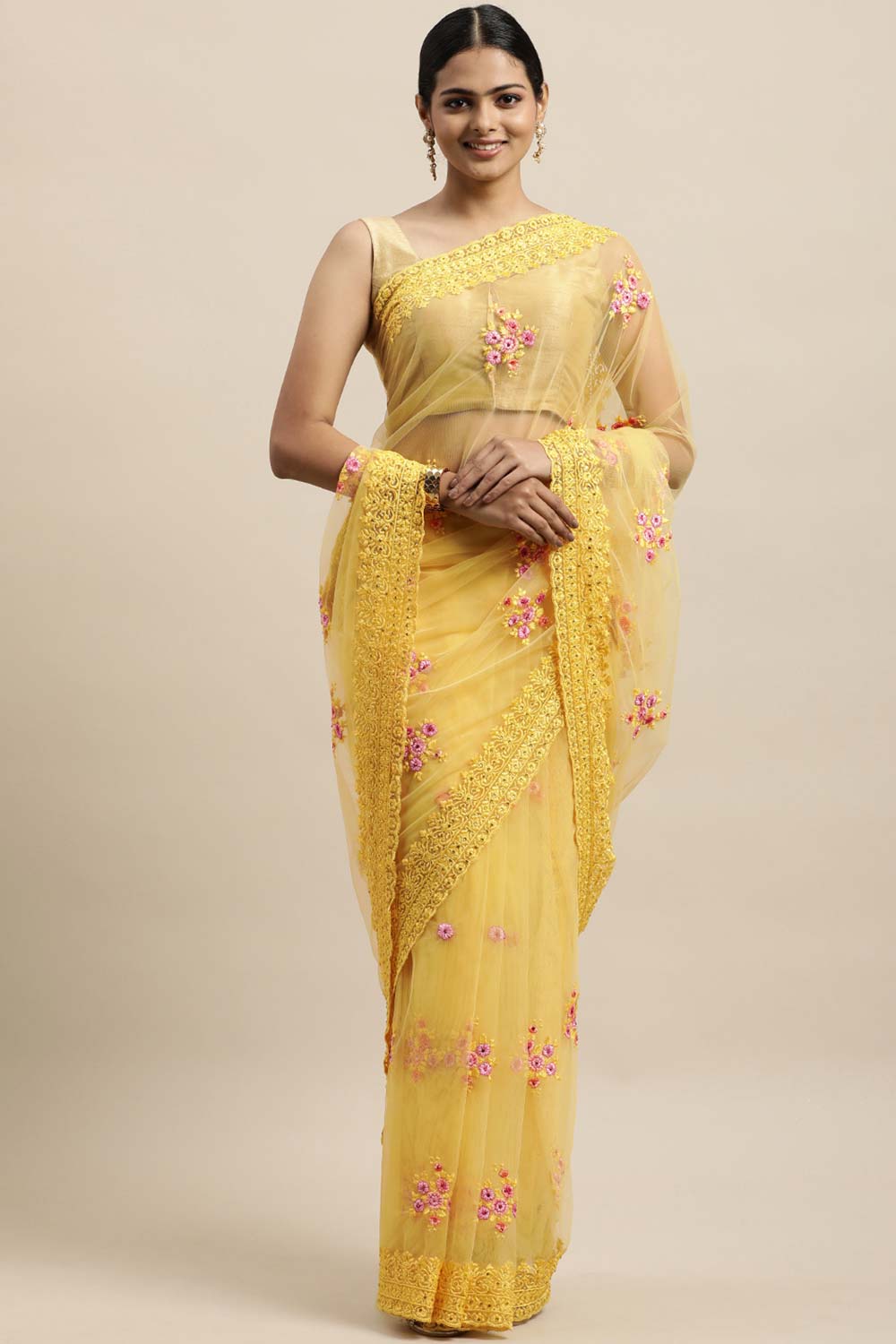 Net Embroidered Saree In Yellow