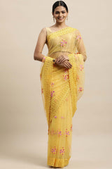 Net Embroidered Saree In Yellow