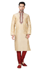 Buy Men's Art Silk Embroidery Kurta Set in Gold