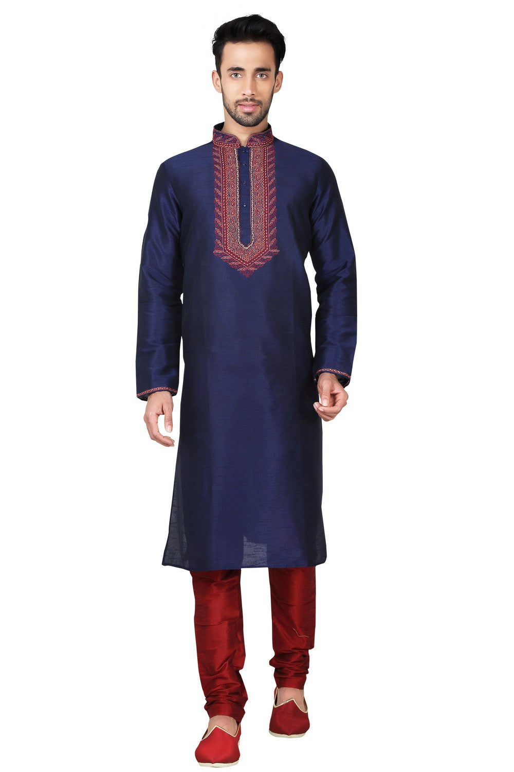 Buy Men's Art Silk Embroidery Kurta Set in Navy Blue