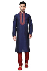 Buy Men's Art Silk Embroidery Kurta Set in Navy Blue